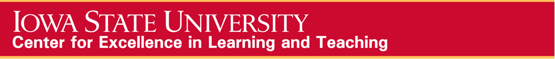 Iowa State University Center for Excellence in Learning and Teaching written in white lettering on a cardinal red horizontal banner